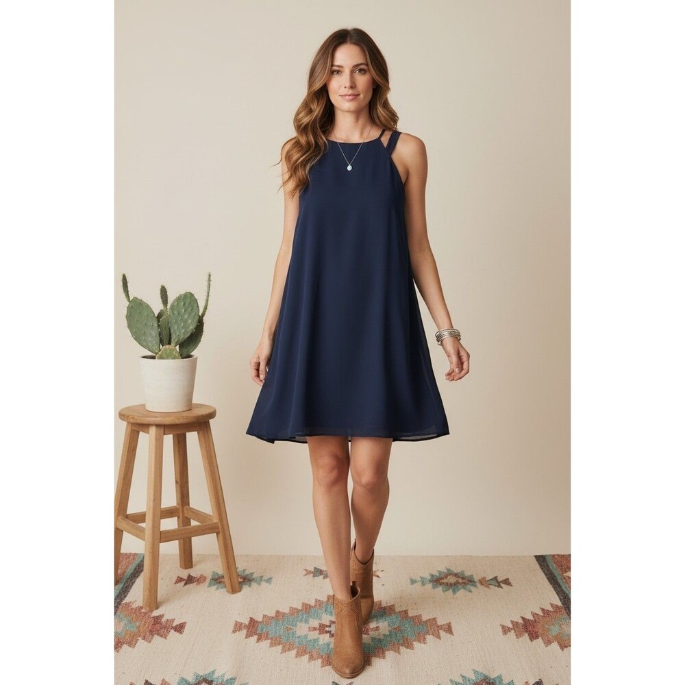 Jodi Kristopher Navy Blue A Line Sleeveless Halter Dress Sz S Low Back